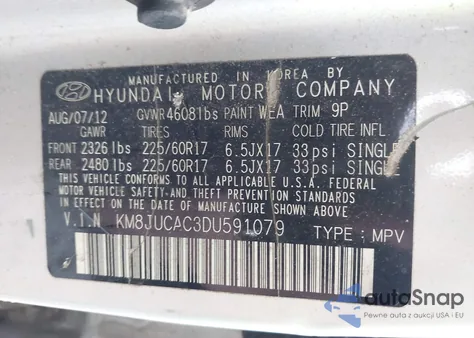 2013 Hyundai Tucson Gls from USA, damaged, VIN KM8JUCAC3DU591079